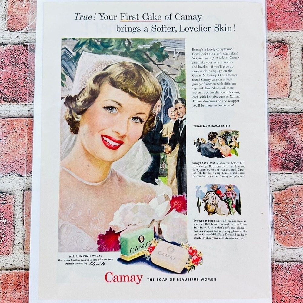 1949 Camay Soap - Smiling Bride Outside Church Wedding - Original Retro PRINT AD